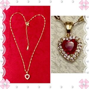 Necklace - 16-18” gold tone chain w/red heart & clear rhinestones. New! BOGO ⬇️